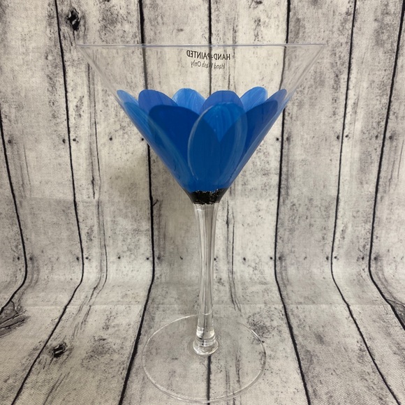 BLUE FLOWER HAND PAINTED MARTINI GLASS - Picture 2 of 4